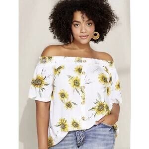 Fun White Sunflower Floral Boho Off The Shoulder Short Sleeve Top Size Medium